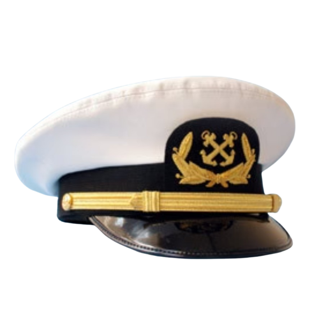 Maritime captain's hat with gold anchor emblem and ribbons on a white background