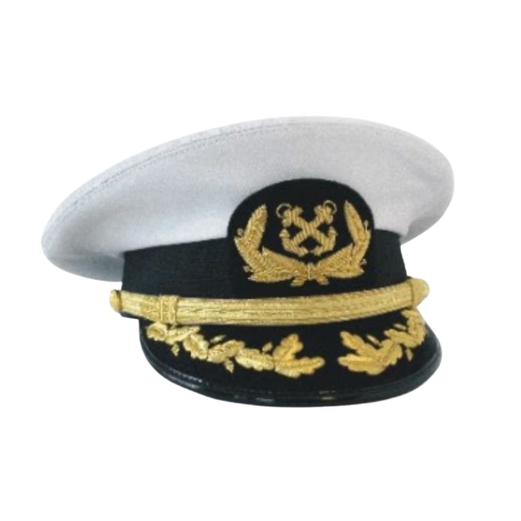 Navy officer's cap with gold embroidery on a white background